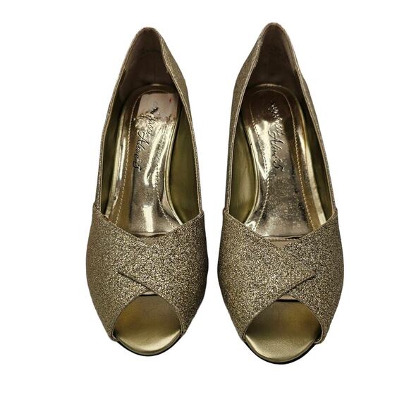 easy street Shoes - Gold Heels Womens Size 7.5 Sparkle Glitter Glam Wedding Dress Peep Toe Metallic